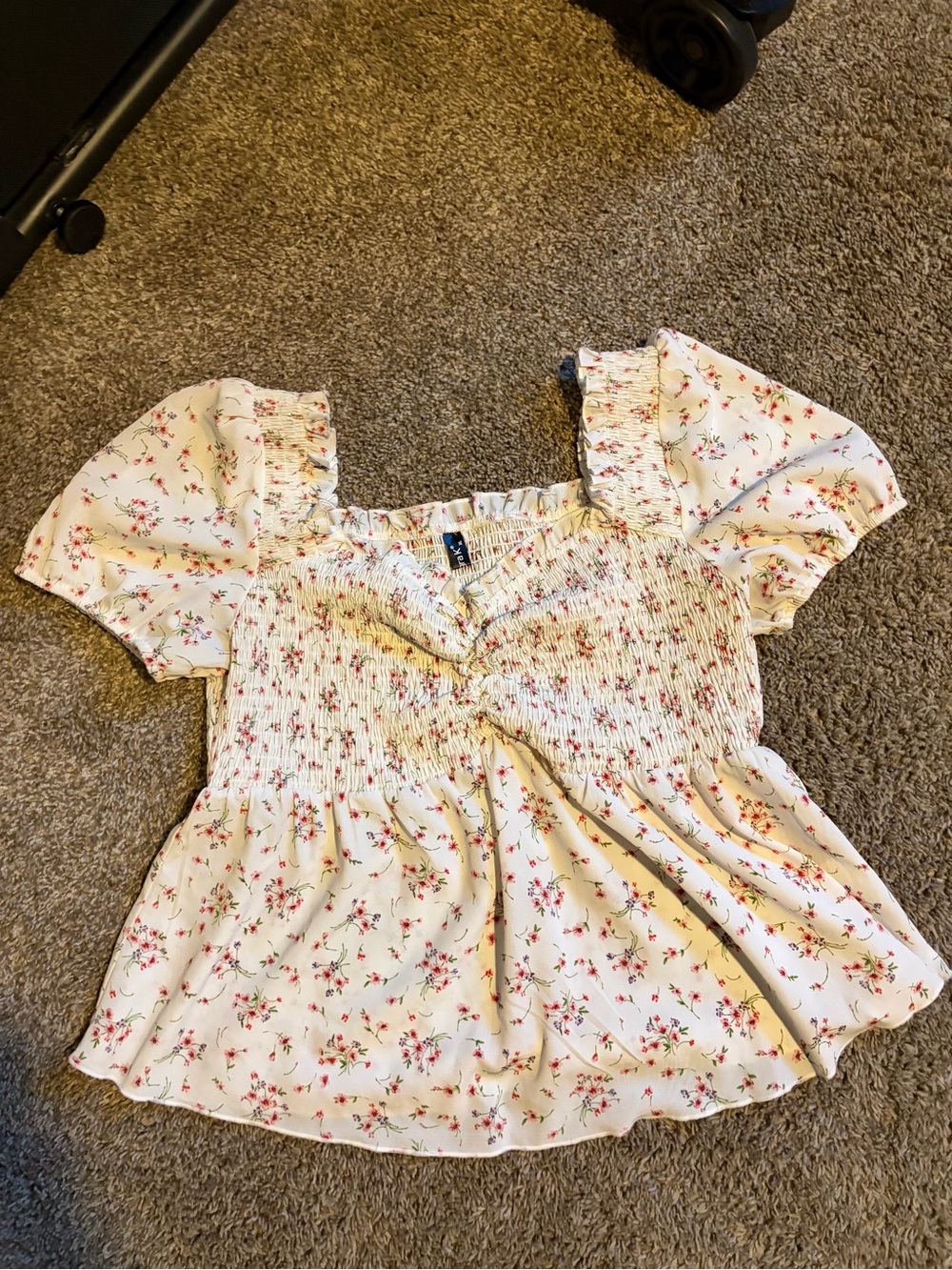 Allegra K Cream Smocked Square-Neck Blouse with Pink Floral